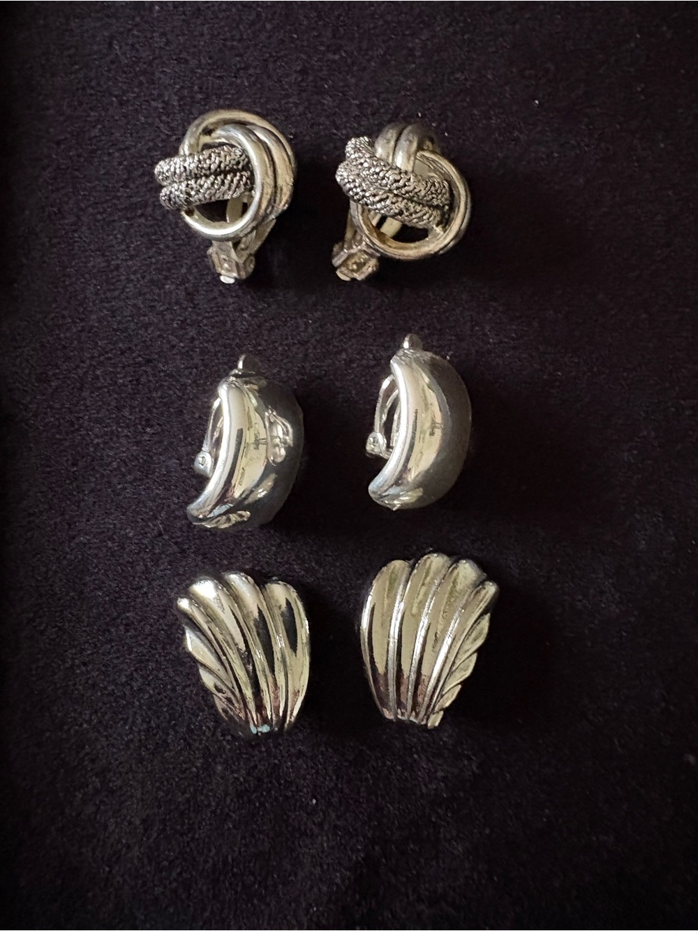Vintage Silver Tone Clip On Earrings Lot 3 Pairs Textured Mesh Shell Hoop Bundle